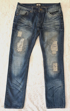 Gray Earth Mens Size 36 Distressed Denim Jeans Blue Acid Wash Straight Fit Y2K
